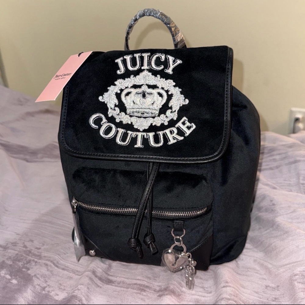 Juicy Couture Black Velour Backpack Crown Logo Y2K McBling Bag NWT
